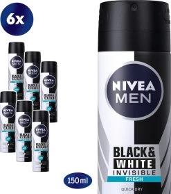 NIVEA MEN Invisible For Black & White Fresh - 6 X 150ml - Voordeelverpakking - Deodorant Spray
