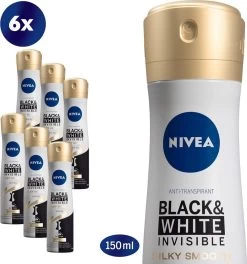 NIVEA Black & White Silky Smooth 6 X 150 Ml - Voordeelverpakking - Deodorant Spray