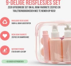 Reisflesjes Set 9-delig - Reisset - Reisflesjes Handbagage - Reis Toilettas - Reisflacons - Vliegtuig - Navulbare Reisflesjes - Roze -Lichaamsverzorging 1200x1124