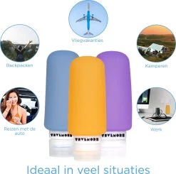 TRVLMORE Silicone Reisflesjes - Navulbaar - Handbagage - 100 ML - 3 Stuks - Oranje/Paars/Blauw -Lichaamsverzorging 1200x1192