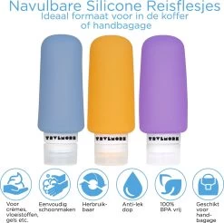 TRVLMORE Silicone Reisflesjes - Navulbaar - Handbagage - 100 ML - 3 Stuks - Oranje/Paars/Blauw -Lichaamsverzorging 1200x1193 1