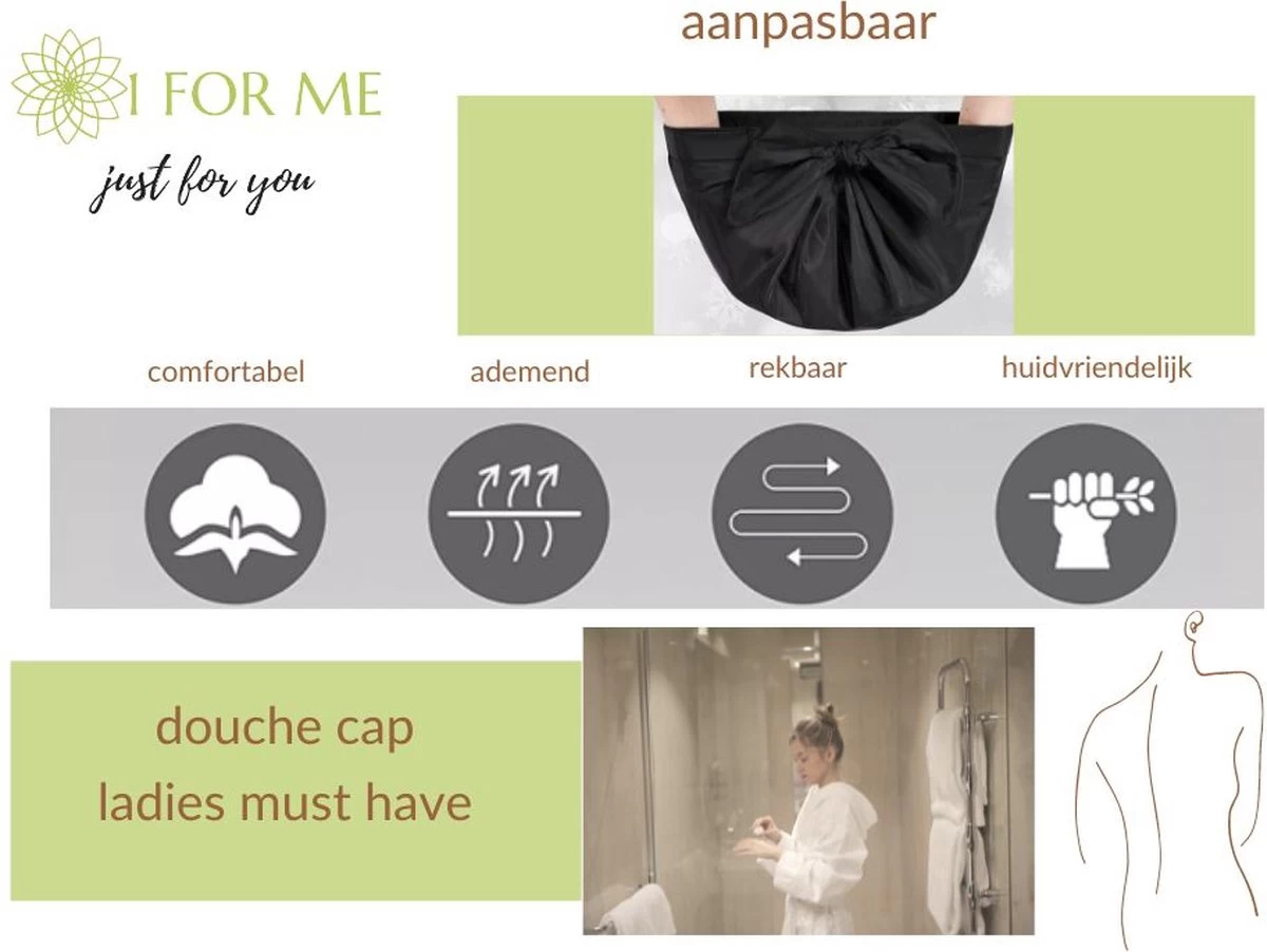 1FORME Douchemuts Dames Zero Waste – Droog Haar Thuis / Vakantie – Douchekap Satijn / PE Zwart 3 1FORME Douchemuts Dames Zero Waste – Droog Haar Thuis / Vakantie – Douchekap Satijn / PE Zwart - Afbeelding 3