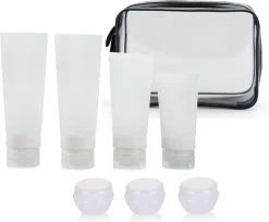 Somstyle 8-Delig Reisflesjes Set Transparant - Vliegtuig Handbagage - Toilettas Inclusief Potjes & Navulbare Flacons - Reisaccessoires - Wit