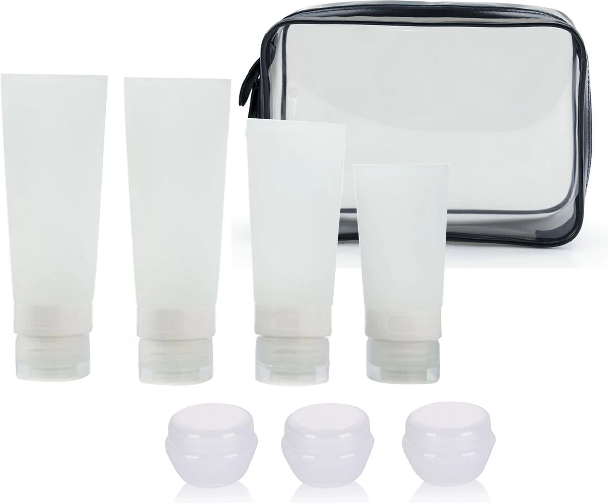 Somstyle 8-Delig Reisflesjes Set Transparant - Vliegtuig Handbagage - Toilettas Inclusief Potjes & Navulbare Flacons - Reisaccessoires - Wit 1 Somstyle 8-Delig Reisflesjes Set Transparant - Vliegtuig Handbagage - Toilettas Inclusief Potjes & Navulbare Flacons - Reisaccessoires - Wit