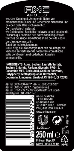 Axe Apollo Showergel - 6 X 250 Ml - Voordeelverpakking -Lichaamsverzorging 588x1200