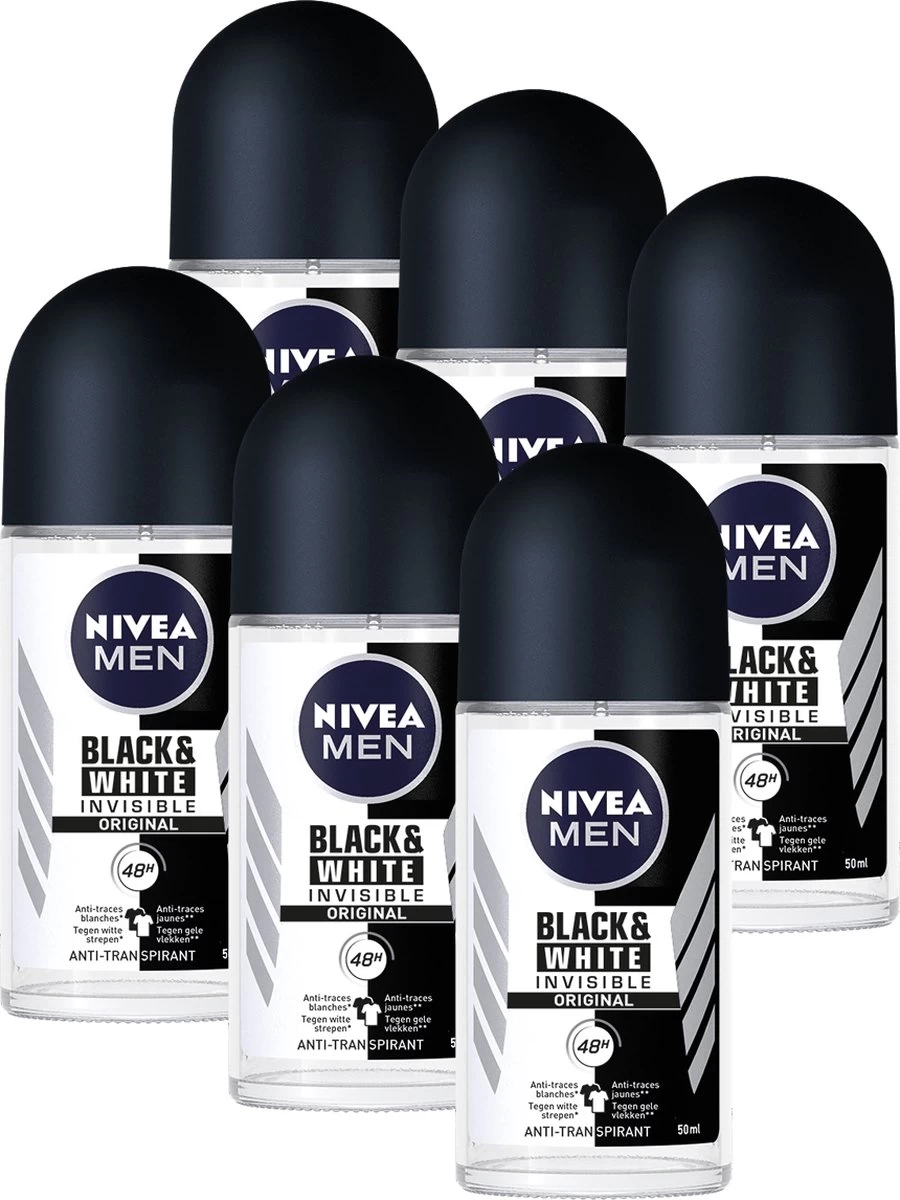 NIVEA MEN Black & White Invisible Original - 6 X 50 Ml - Voordeelverpakking - Deodorant Roller 1 NIVEA MEN Black & White Invisible Original - 6 X 50 Ml - Voordeelverpakking - Deodorant Roller