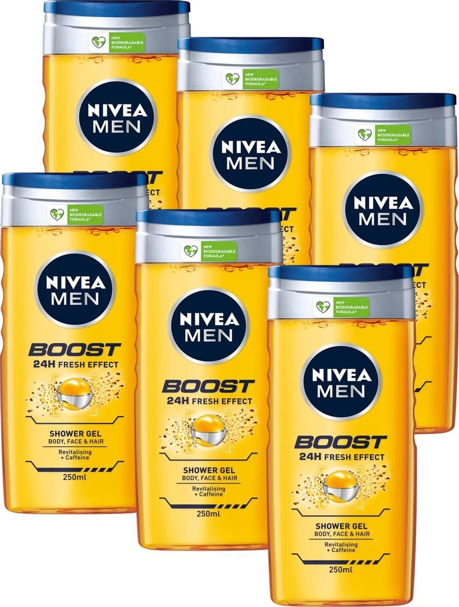 NIVEA MEN Boost Douchegel - 6 X 250 ML - Voordeelverpakking 1 NIVEA MEN Boost Douchegel - 6 X 250 ML - Voordeelverpakking