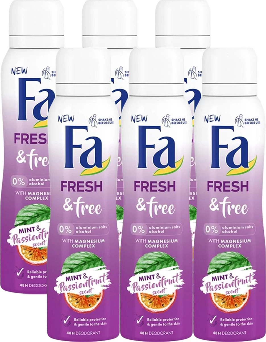 Fa Fresh & Free Mint & Passionfruit Deo Spray 6x 150 Ml - Grootverpakking 2 Fa Fresh & Free Mint & Passionfruit Deo Spray 6x 150 Ml - Grootverpakking - Afbeelding 2