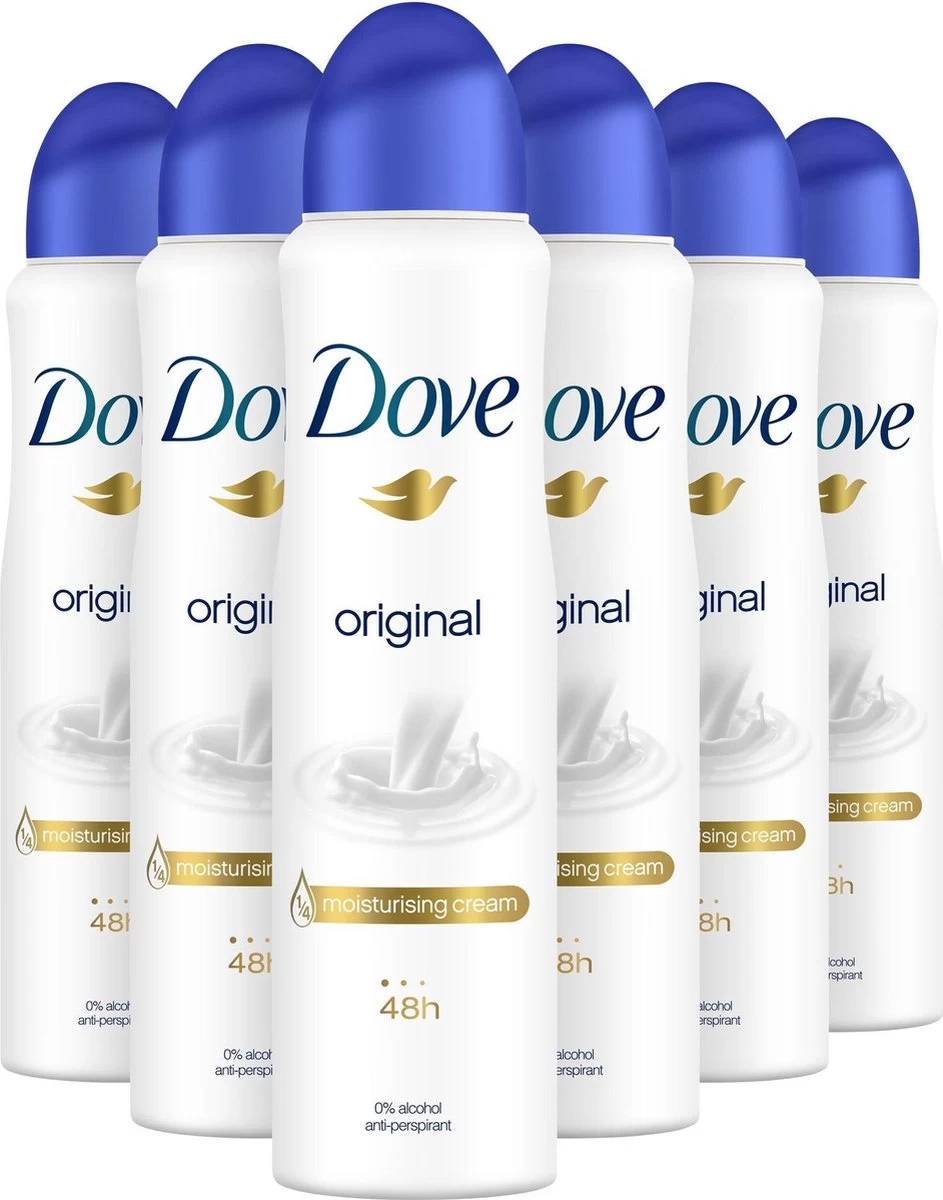 Dove Original Anti-transpirant Spray Vrouw - 6 X 150 Ml - Voordeelverpakking 1 Dove Original Anti-transpirant Spray Vrouw - 6 X 150 Ml - Voordeelverpakking
