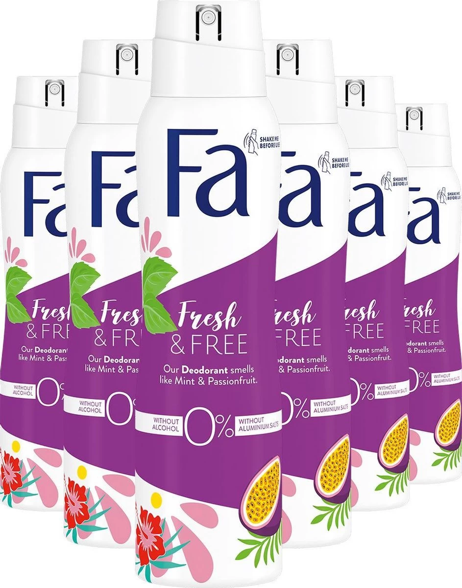 Fa Fresh & Free Mint & Passionfruit Deo Spray 6x 150 Ml - Grootverpakking 1 Fa Fresh & Free Mint & Passionfruit Deo Spray 6x 150 Ml - Grootverpakking